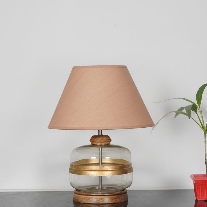 VARELLO Modern Clear Glass Table Lamp with Golden Accent & Natural Wood Base | Beige Cotton Fabric Shade