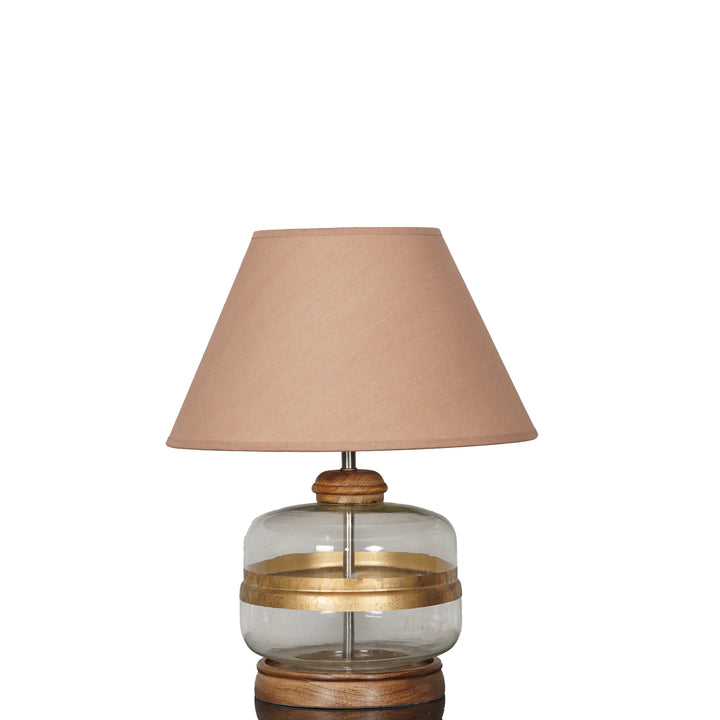 VARELLO Modern Clear Glass Table Lamp with Golden Accent & Natural Wood Base | Beige Cotton Fabric Shade