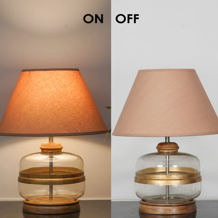 VARELLO Modern Clear Glass Table Lamp with Golden Accent & Natural Wood Base | Beige Cotton Fabric Shade