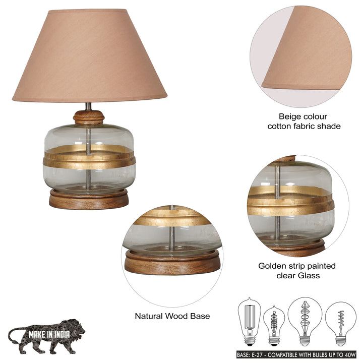 VARELLO Modern Clear Glass Table Lamp with Golden Accent & Natural Wood Base | Beige Cotton Fabric Shade