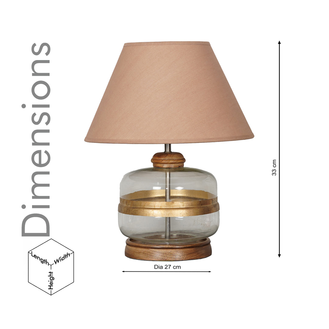 VARELLO Modern Clear Glass Table Lamp with Golden Accent & Natural Wood Base | Beige Cotton Fabric Shade
