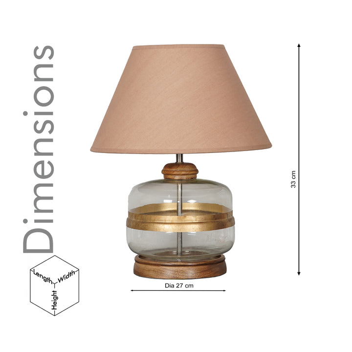 VARELLO Modern Clear Glass Table Lamp with Golden Accent & Natural Wood Base | Beige Cotton Fabric Shade