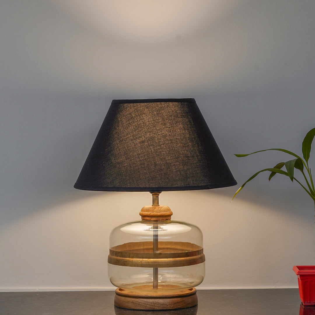 VARELLO Modern Clear Glass Table Lamp with Golden Accent & Natural Wood Base | Black Cotton Fabric Shade