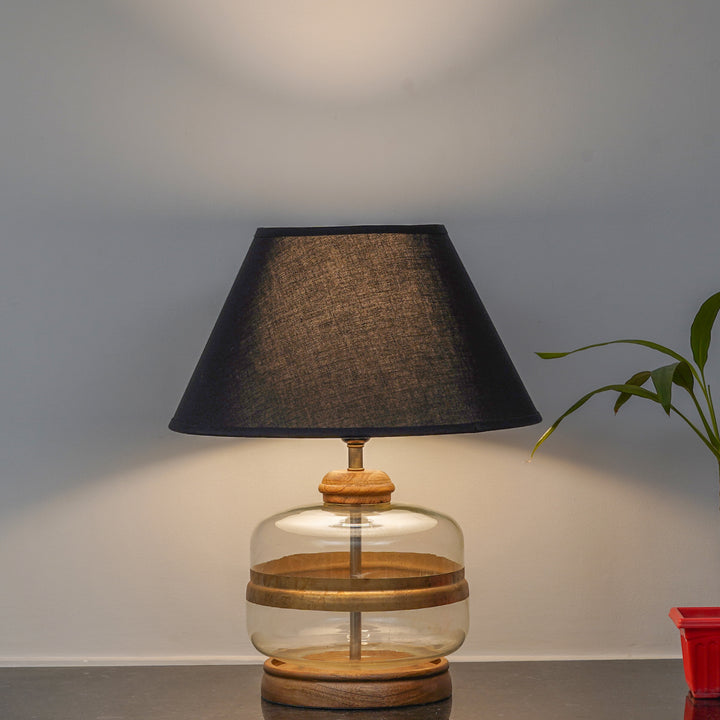VARELLO Modern Clear Glass Table Lamp with Golden Accent & Natural Wood Base | Black Cotton Fabric Shade