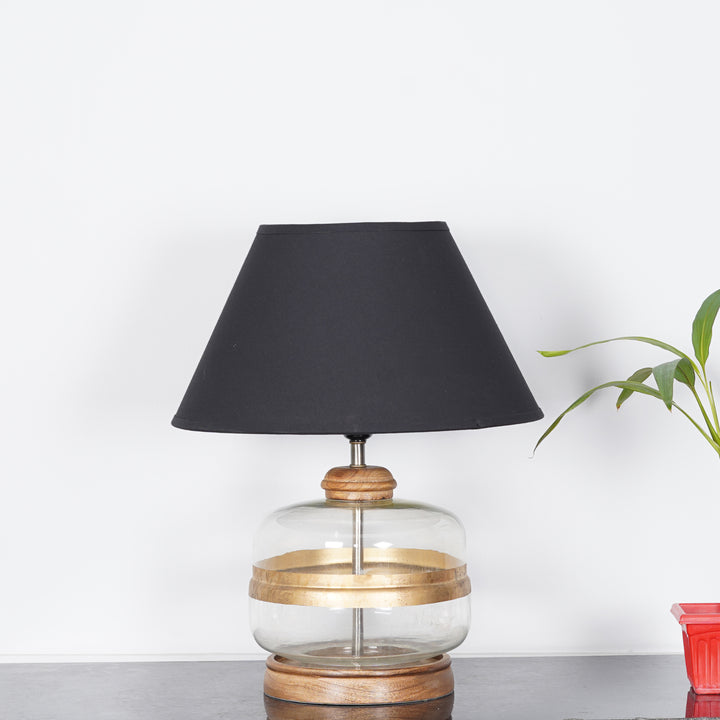 VARELLO Modern Clear Glass Table Lamp with Golden Accent & Natural Wood Base | Black Cotton Fabric Shade