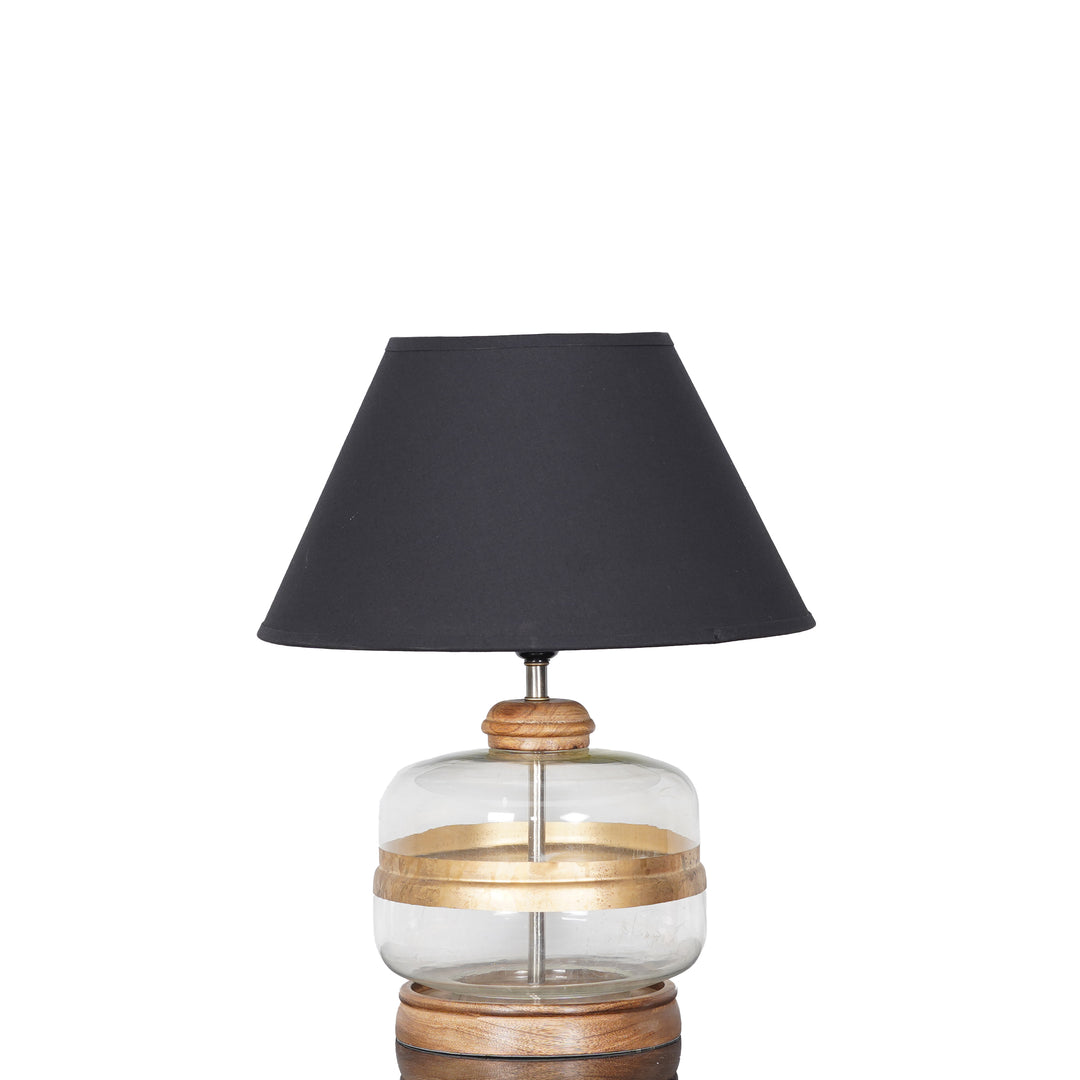 VARELLO Modern Clear Glass Table Lamp with Golden Accent & Natural Wood Base | Black Cotton Fabric Shade