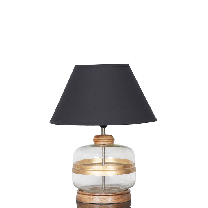 VARELLO Modern Clear Glass Table Lamp with Golden Accent & Natural Wood Base | Black Cotton Fabric Shade