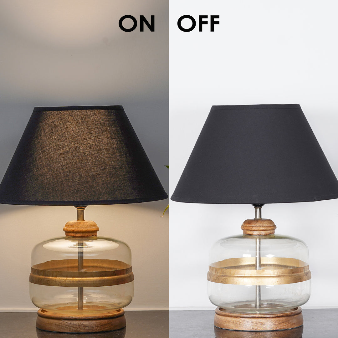 VARELLO Modern Clear Glass Table Lamp with Golden Accent & Natural Wood Base | Black Cotton Fabric Shade