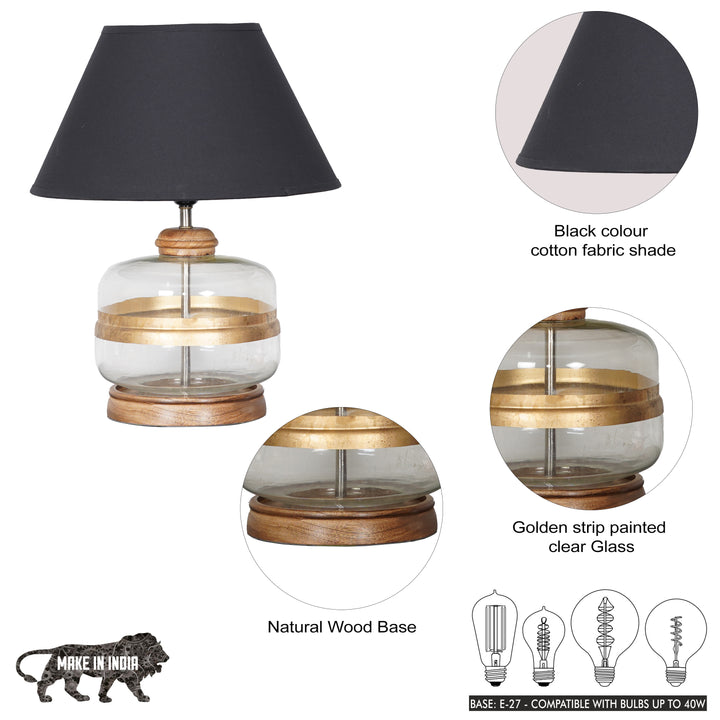 VARELLO Modern Clear Glass Table Lamp with Golden Accent & Natural Wood Base | Black Cotton Fabric Shade