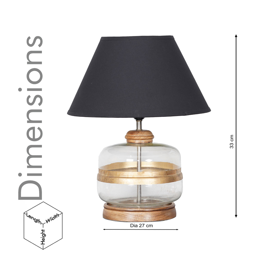 VARELLO Modern Clear Glass Table Lamp with Golden Accent & Natural Wood Base | Black Cotton Fabric Shade
