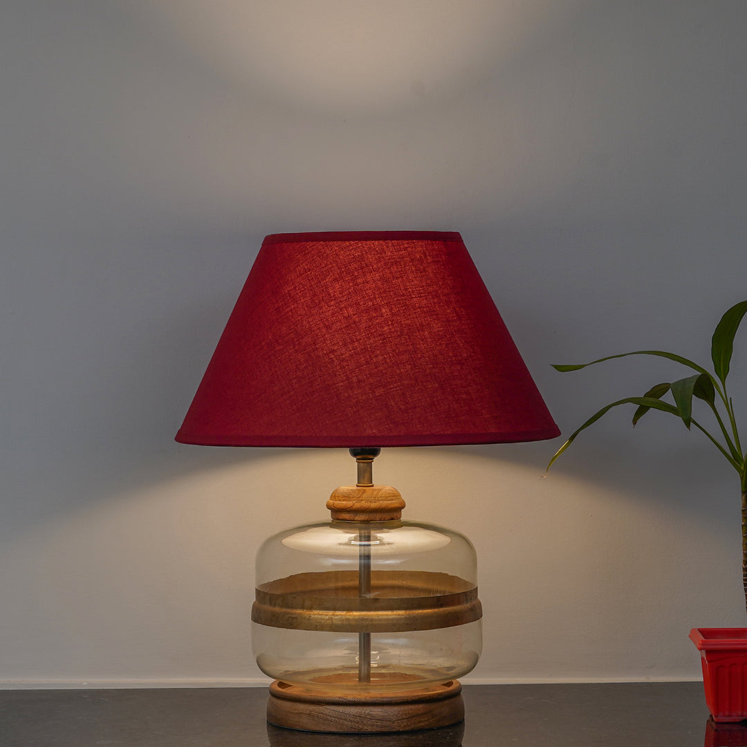 VARELLO Modern Clear Glass Table Lamp with Golden Accent & Natural Wood Base | Maroon Cotton Fabric Shade
