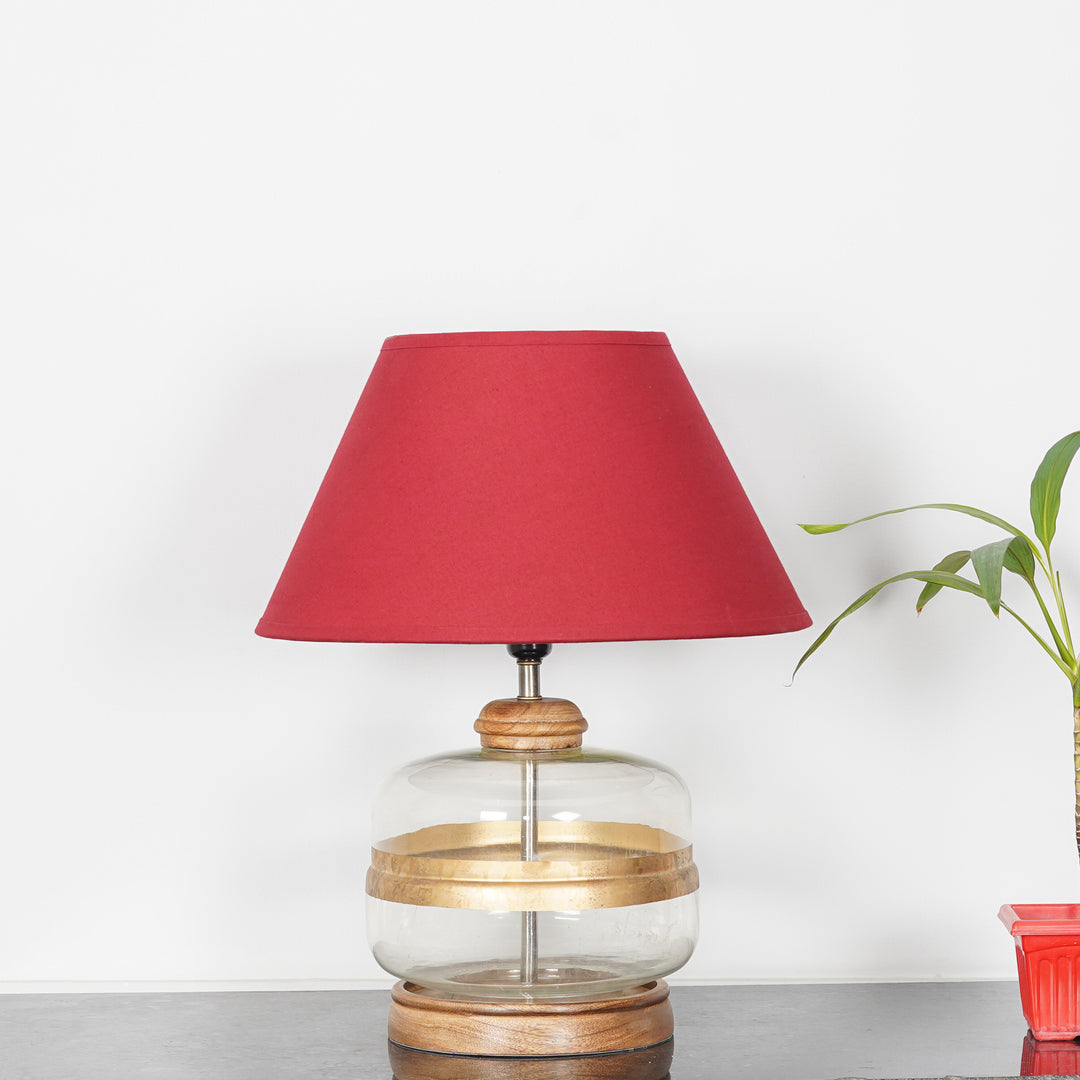 VARELLO Modern Clear Glass Table Lamp with Golden Accent & Natural Wood Base | Maroon Cotton Fabric Shade