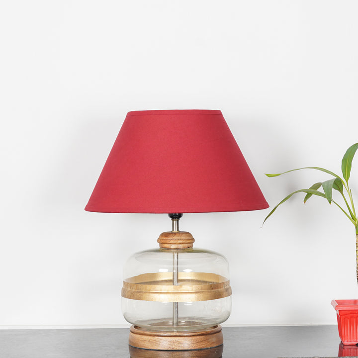VARELLO Modern Clear Glass Table Lamp with Golden Accent & Natural Wood Base | Maroon Cotton Fabric Shade