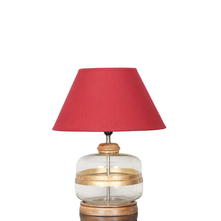 VARELLO Modern Clear Glass Table Lamp with Golden Accent & Natural Wood Base | Maroon Cotton Fabric Shade