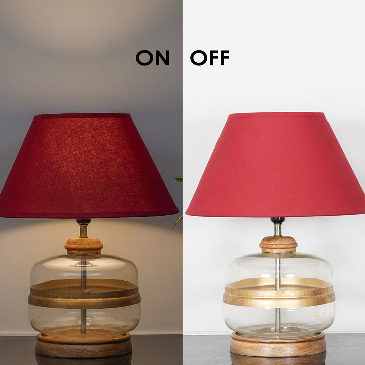 VARELLO Modern Clear Glass Table Lamp with Golden Accent & Natural Wood Base | Maroon Cotton Fabric Shade
