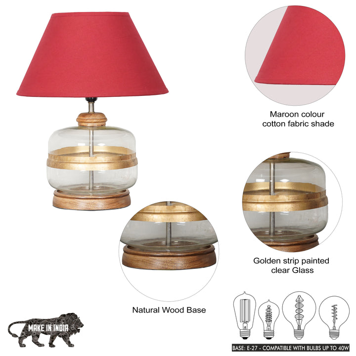 VARELLO Modern Clear Glass Table Lamp with Golden Accent & Natural Wood Base | Maroon Cotton Fabric Shade