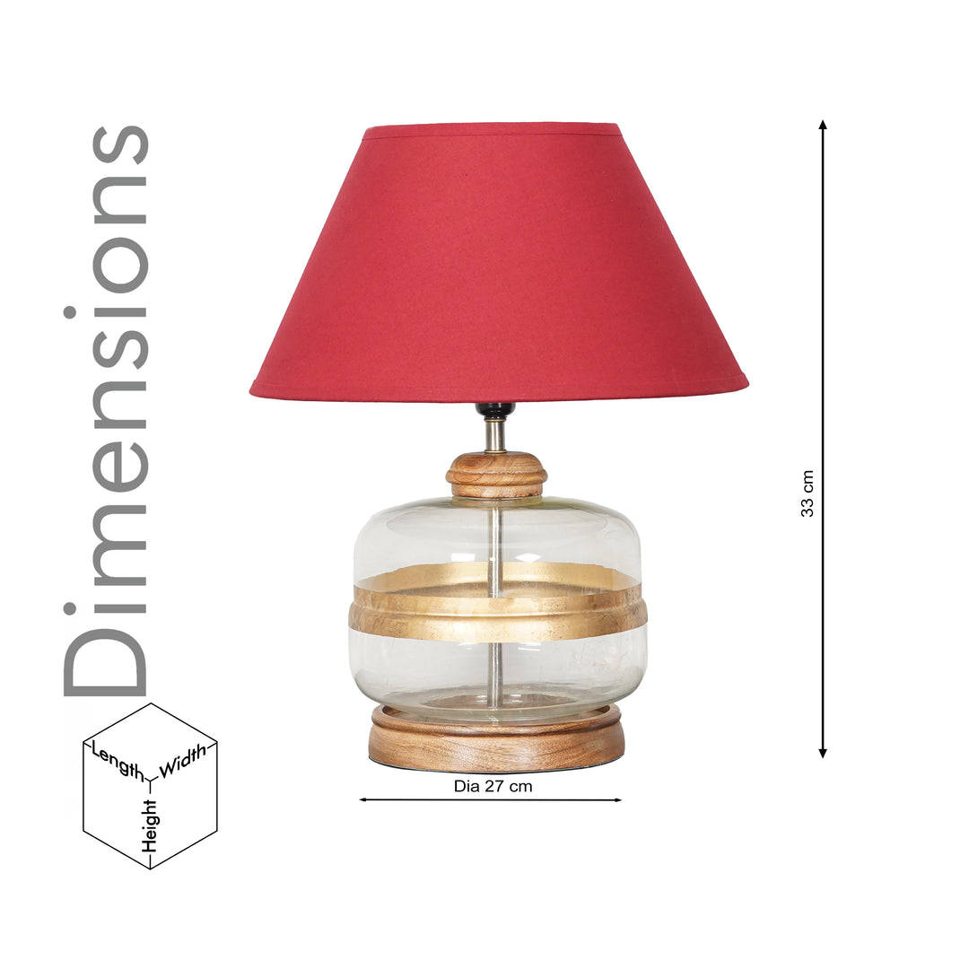 VARELLO Modern Clear Glass Table Lamp with Golden Accent & Natural Wood Base | Maroon Cotton Fabric Shade