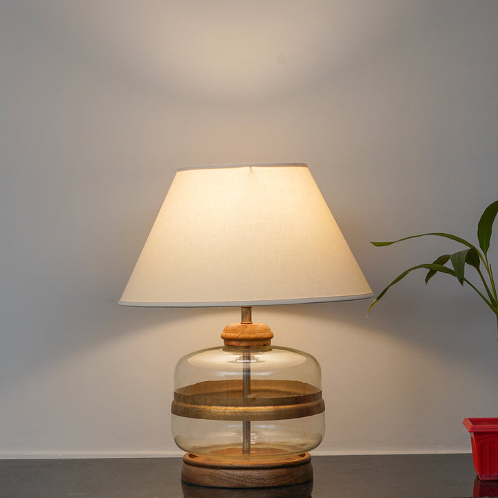 VARELLO Modern Clear Glass Table Lamp with Golden Accent & Natural Wood Base | White Cotton Fabric Shade