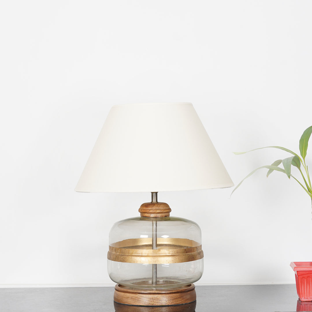 VARELLO Modern Clear Glass Table Lamp with Golden Accent & Natural Wood Base | White Cotton Fabric Shade