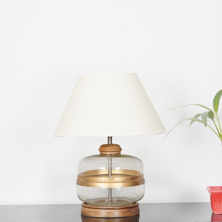 VARELLO Modern Clear Glass Table Lamp with Golden Accent & Natural Wood Base | White Cotton Fabric Shade