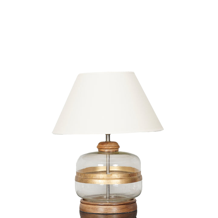 VARELLO Modern Clear Glass Table Lamp with Golden Accent & Natural Wood Base | White Cotton Fabric Shade