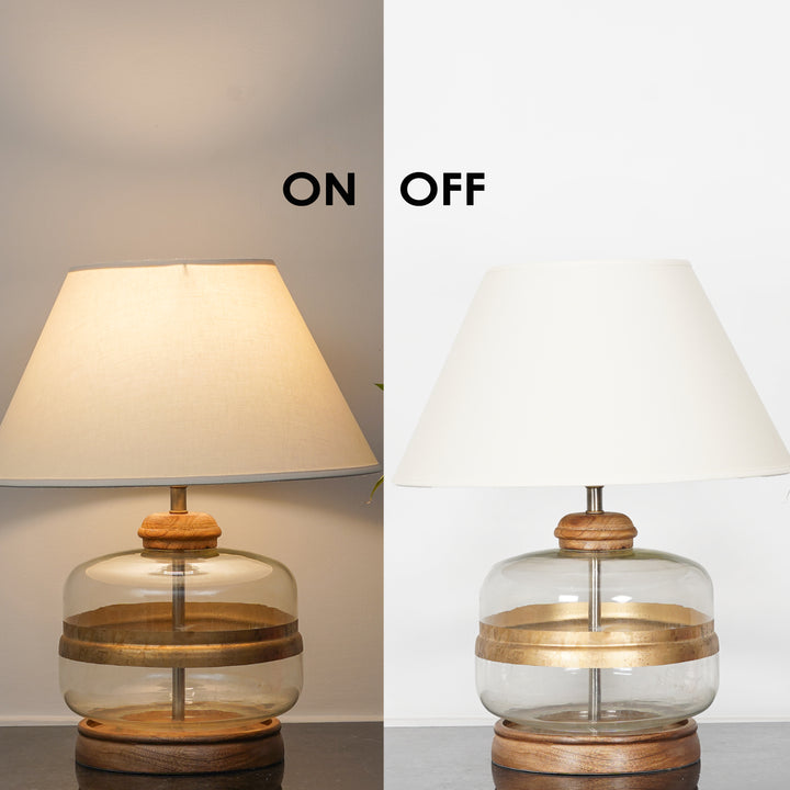VARELLO Modern Clear Glass Table Lamp with Golden Accent & Natural Wood Base | White Cotton Fabric Shade
