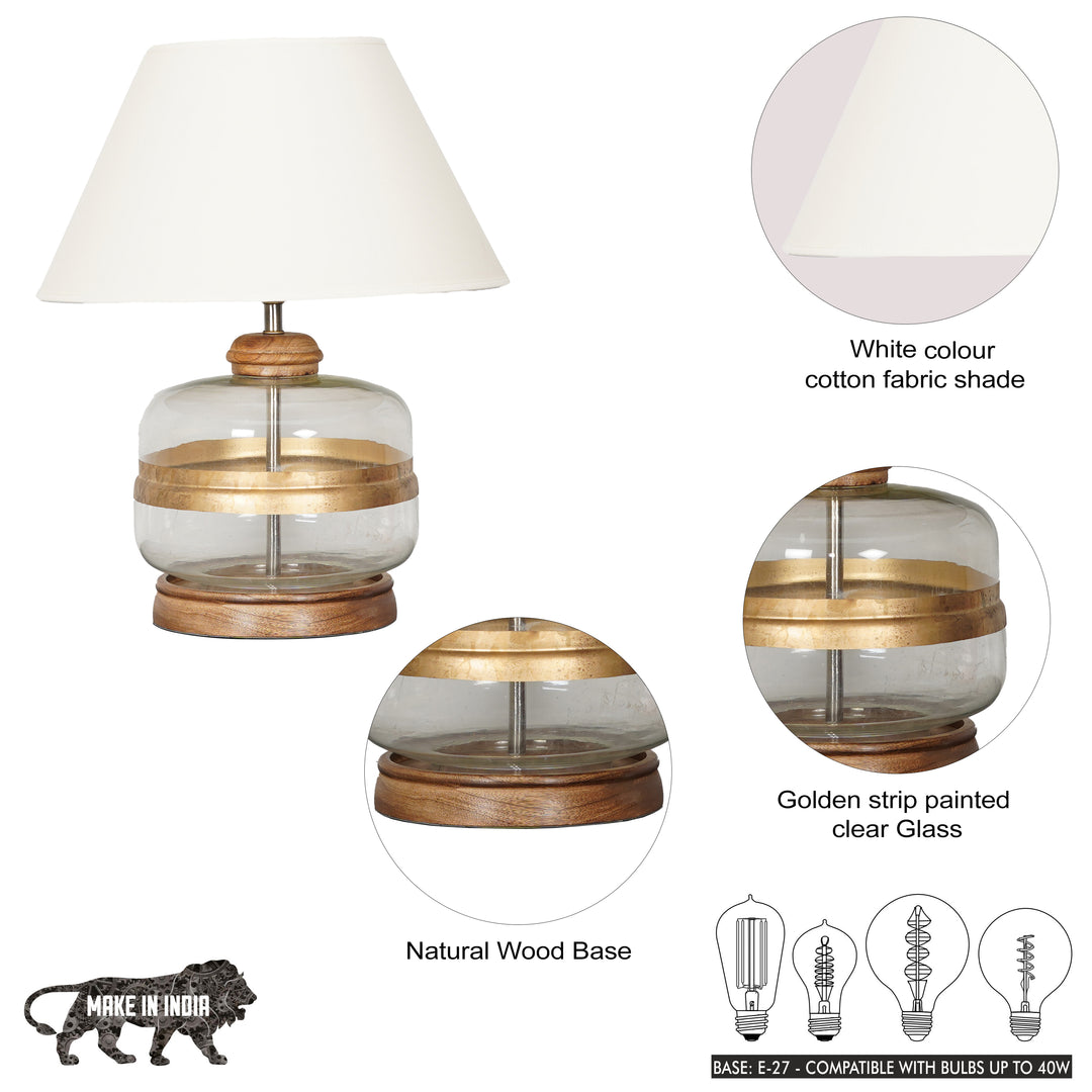 VARELLO Modern Clear Glass Table Lamp with Golden Accent & Natural Wood Base | White Cotton Fabric Shade