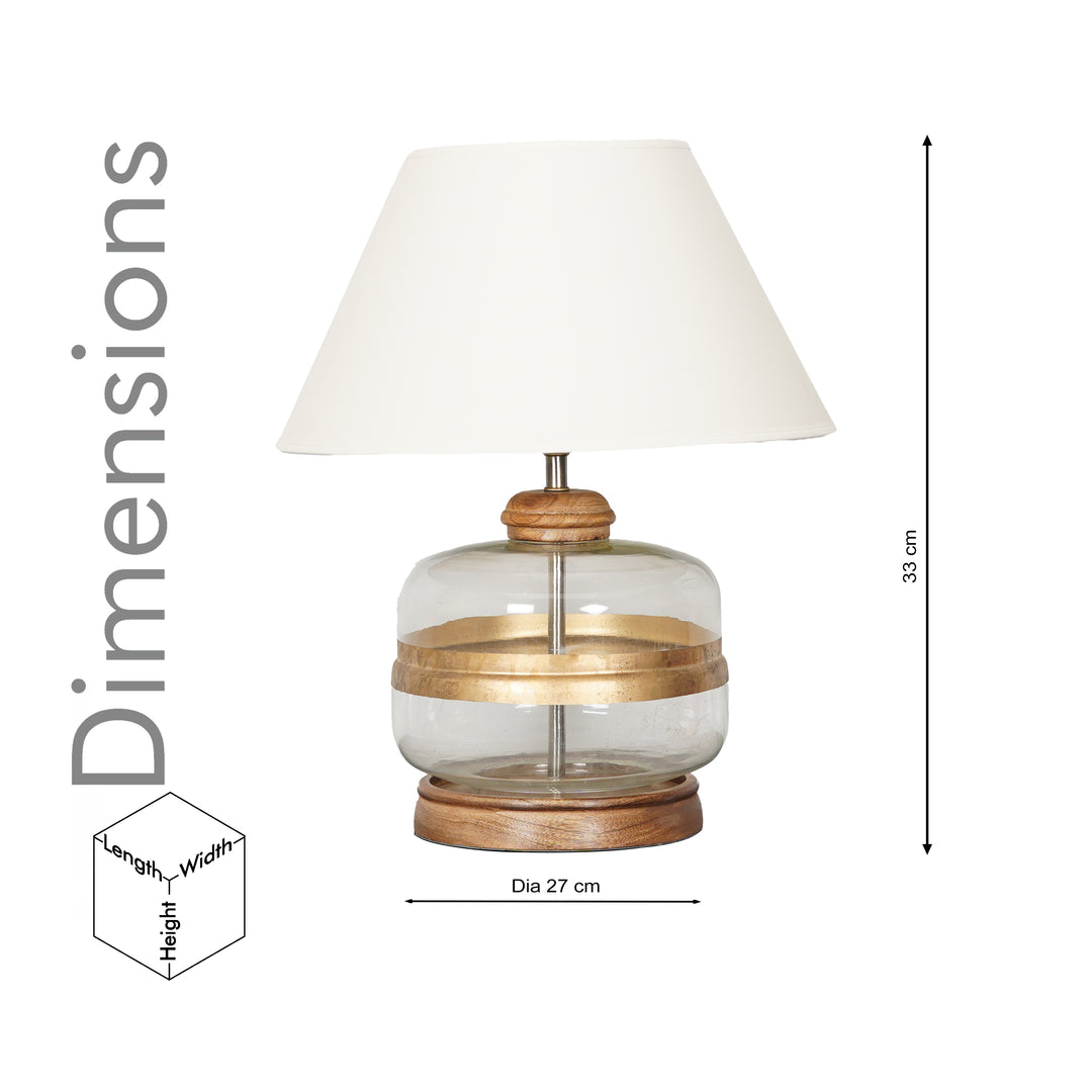 VARELLO Modern Clear Glass Table Lamp with Golden Accent & Natural Wood Base | White Cotton Fabric Shade