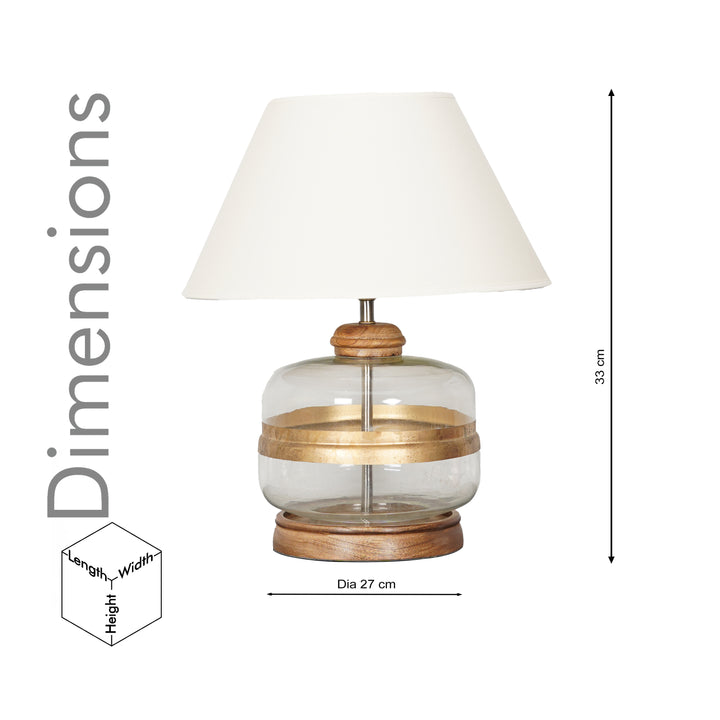 VARELLO Modern Clear Glass Table Lamp with Golden Accent & Natural Wood Base | White Cotton Fabric Shade