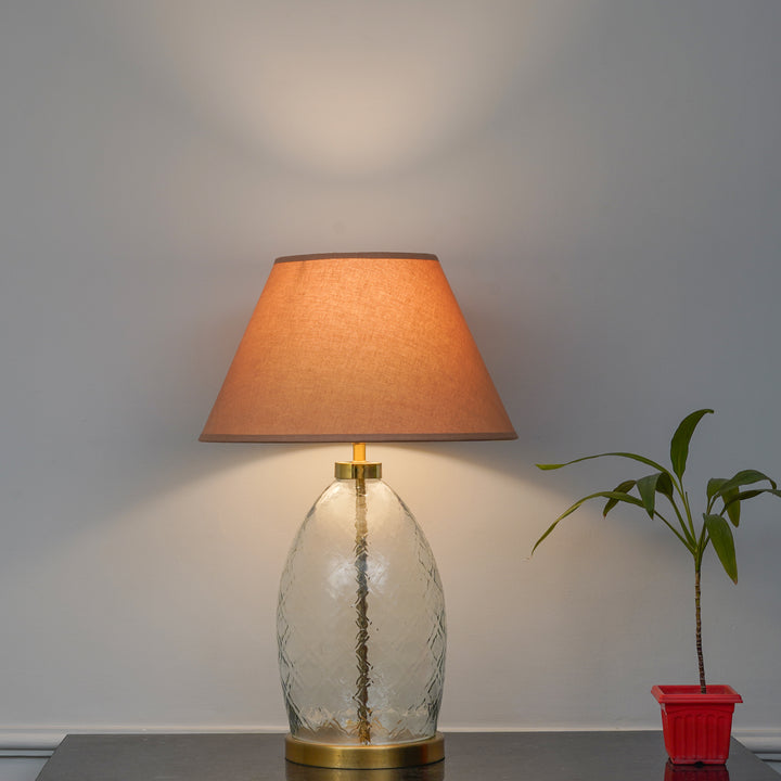 ELVORA Modern Diamond Cut Clear Glass Table Lamp with Brass Finish Metal Base | Beige Cotton Fabric Shade