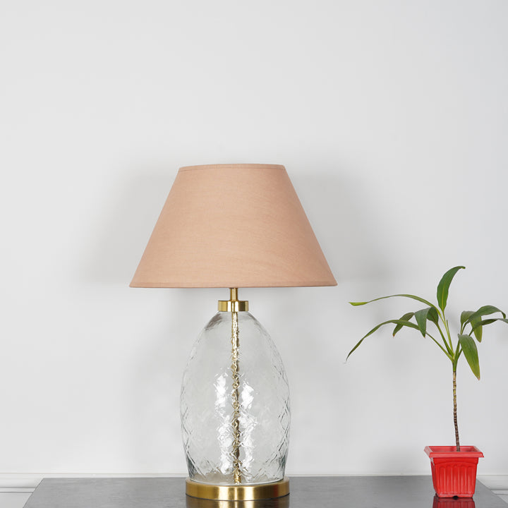 ELVORA Modern Diamond Cut Clear Glass Table Lamp with Brass Finish Metal Base | Beige Cotton Fabric Shade