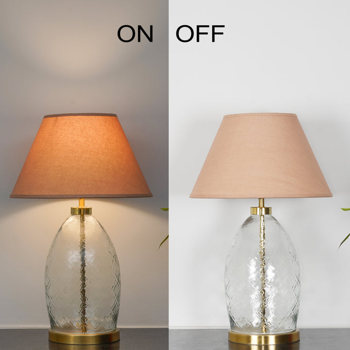ELVORA Modern Diamond Cut Clear Glass Table Lamp with Brass Finish Metal Base | Beige Cotton Fabric Shade
