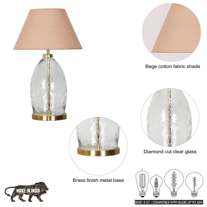 ELVORA Modern Diamond Cut Clear Glass Table Lamp with Brass Finish Metal Base | Beige Cotton Fabric Shade