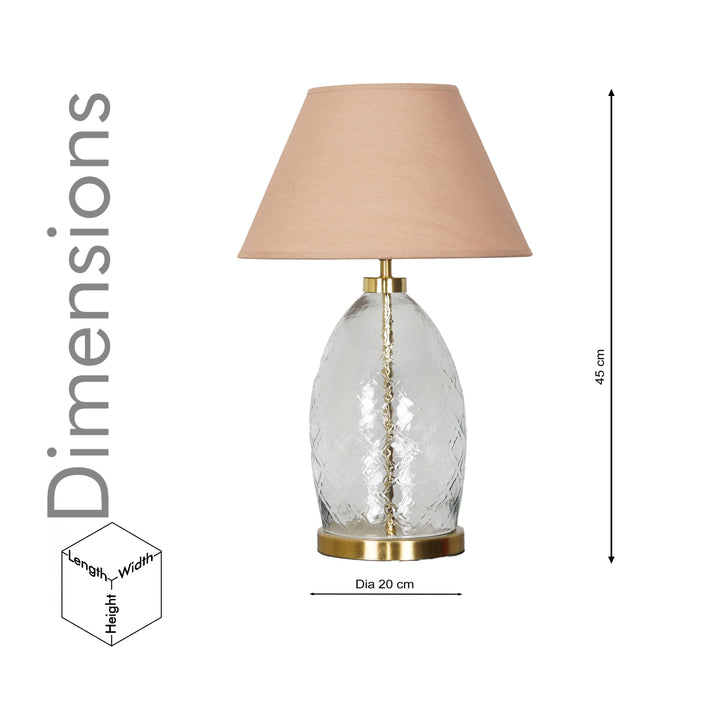 ELVORA Modern Diamond Cut Clear Glass Table Lamp with Brass Finish Metal Base | Beige Cotton Fabric Shade