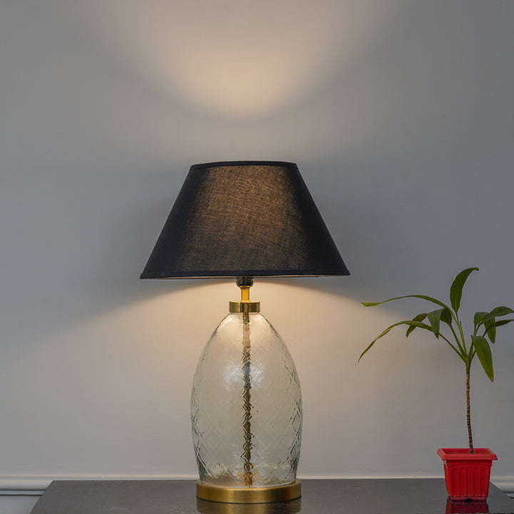 ELVORA Modern Diamond Cut Clear Glass Table Lamp with Brass Finish Metal Base | Black Cotton Fabric Shade