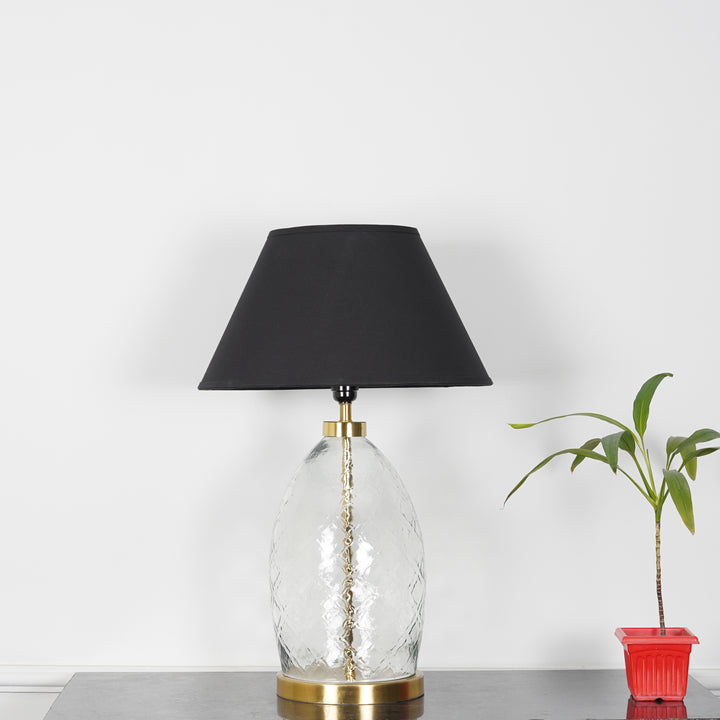 ELVORA Modern Diamond Cut Clear Glass Table Lamp with Brass Finish Metal Base | Black Cotton Fabric Shade