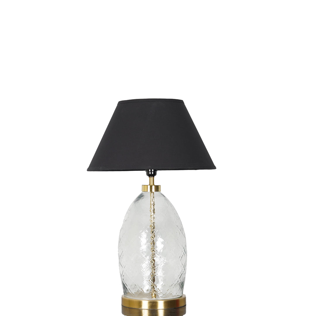 ELVORA Modern Diamond Cut Clear Glass Table Lamp with Brass Finish Metal Base | Black Cotton Fabric Shade