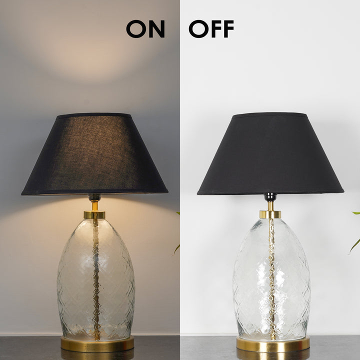 ELVORA Modern Diamond Cut Clear Glass Table Lamp with Brass Finish Metal Base | Black Cotton Fabric Shade