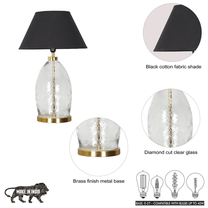 ELVORA Modern Diamond Cut Clear Glass Table Lamp with Brass Finish Metal Base | Black Cotton Fabric Shade