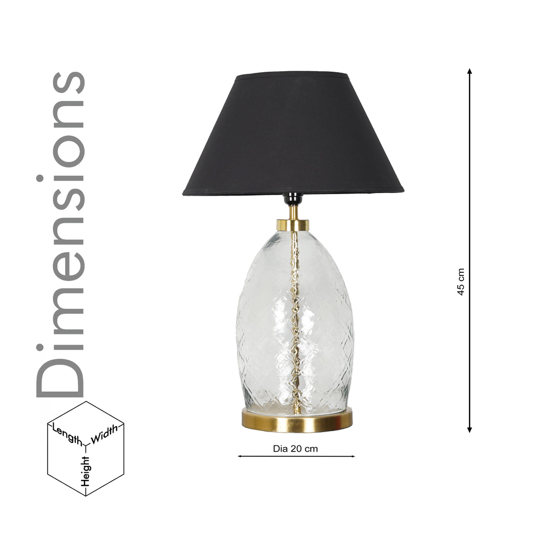 ELVORA Modern Diamond Cut Clear Glass Table Lamp with Brass Finish Metal Base | Black Cotton Fabric Shade