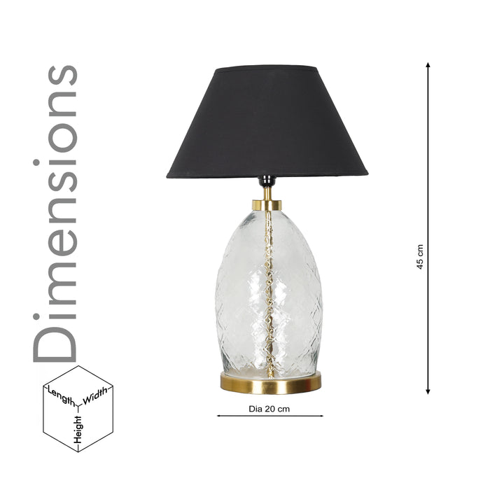 ELVORA Modern Diamond Cut Clear Glass Table Lamp with Brass Finish Metal Base | Black Cotton Fabric Shade