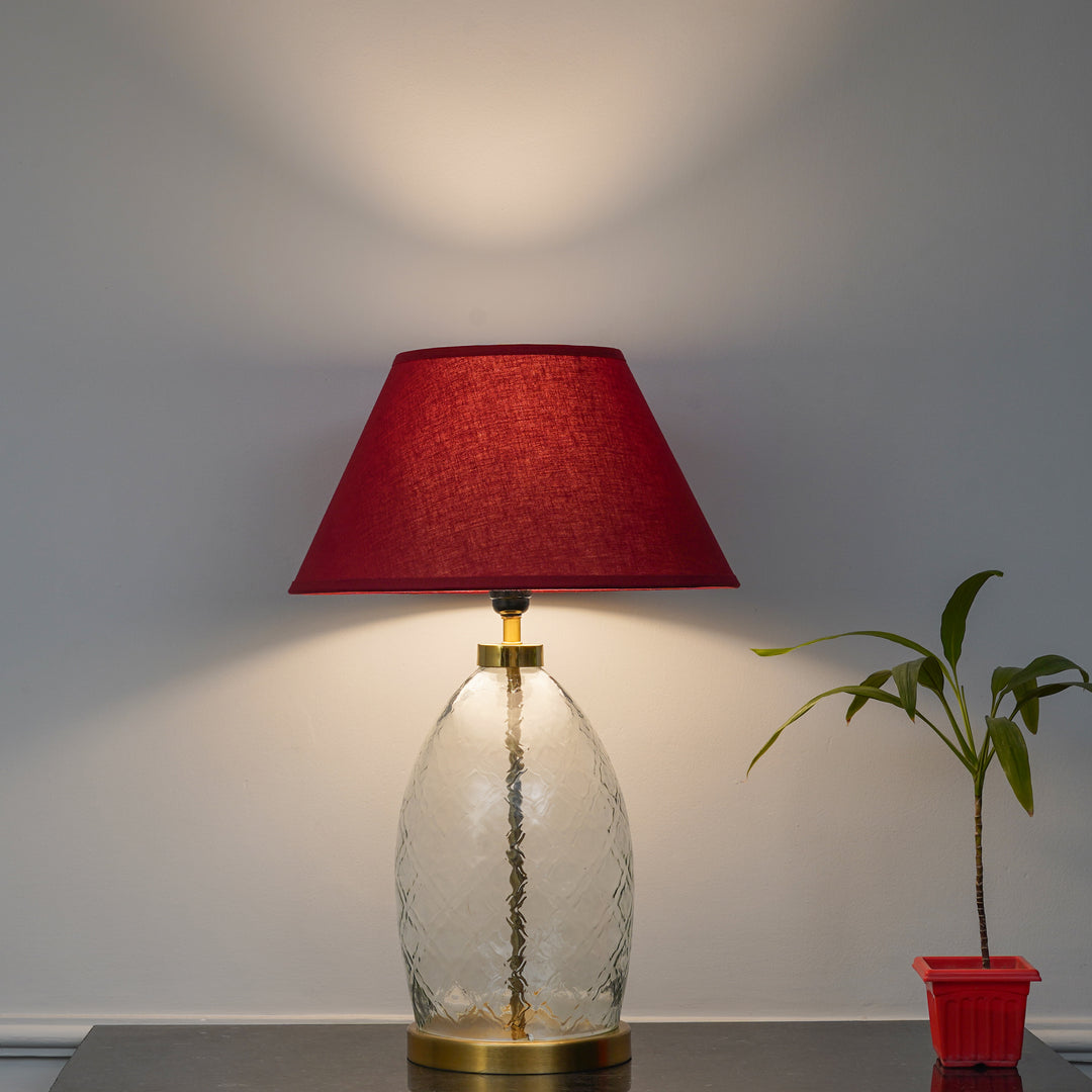 ELVORA Modern Diamond Cut Clear Glass Table Lamp with Brass Finish Metal Base | Maroon Cotton Fabric Shade