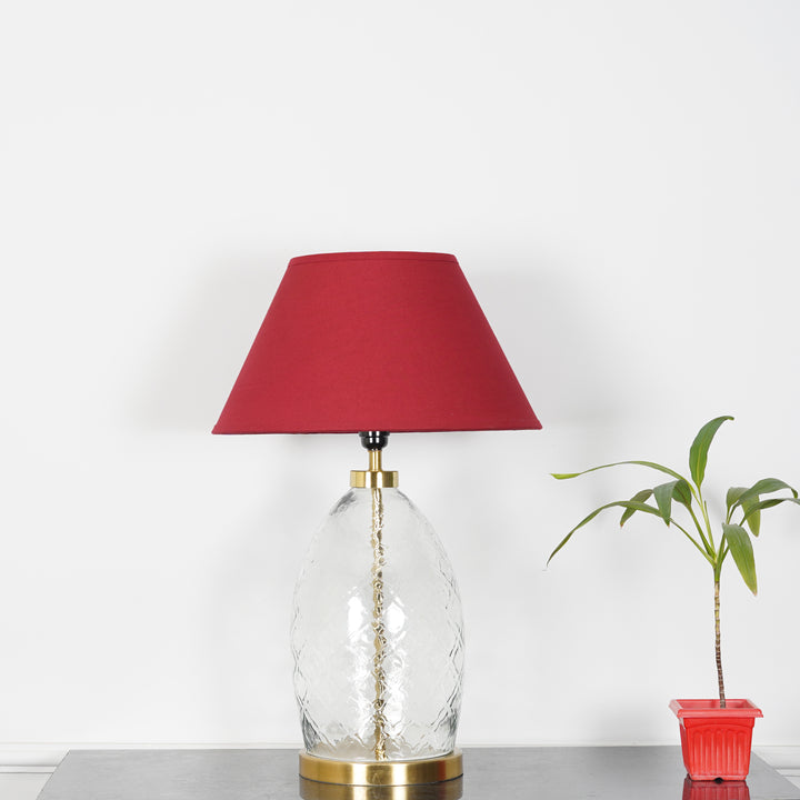 ELVORA Modern Diamond Cut Clear Glass Table Lamp with Brass Finish Metal Base | Maroon Cotton Fabric Shade