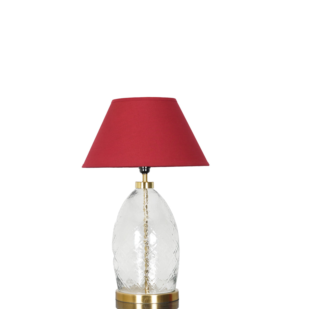 ELVORA Modern Diamond Cut Clear Glass Table Lamp with Brass Finish Metal Base | Maroon Cotton Fabric Shade