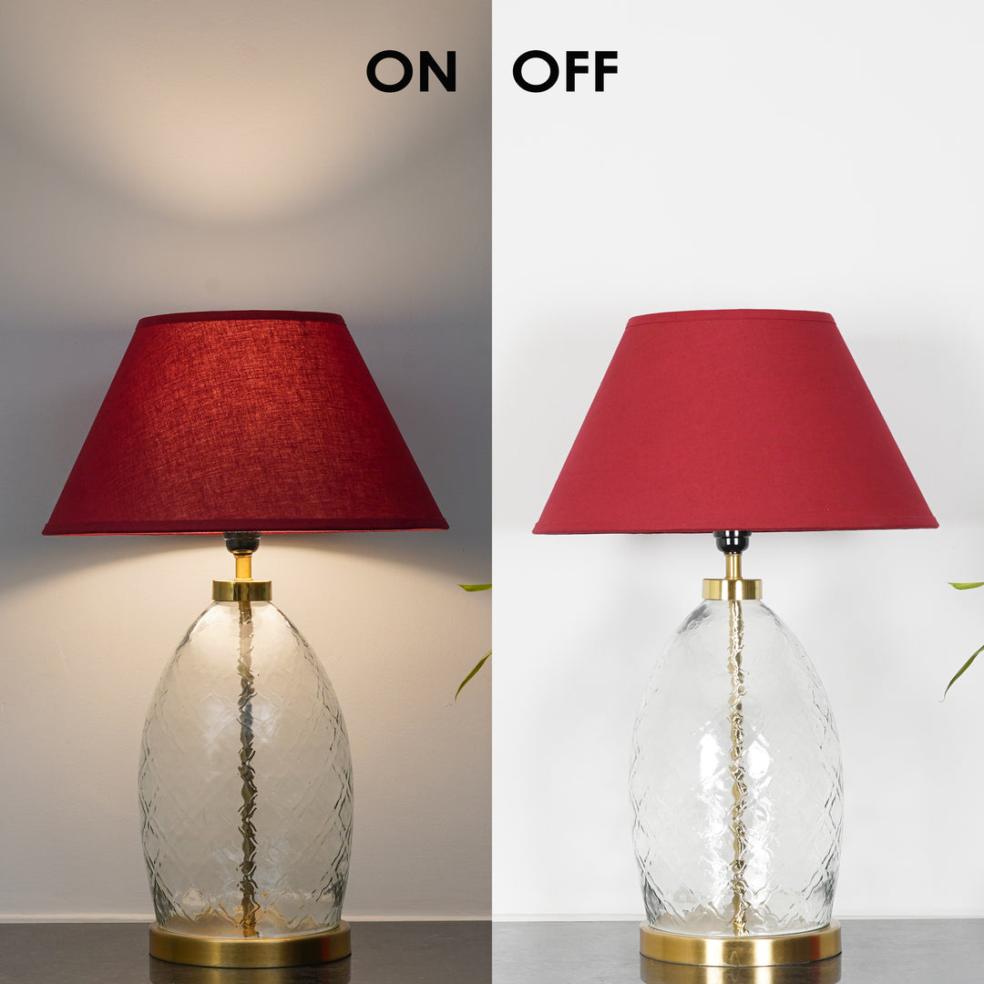 ELVORA Modern Diamond Cut Clear Glass Table Lamp with Brass Finish Metal Base | Maroon Cotton Fabric Shade