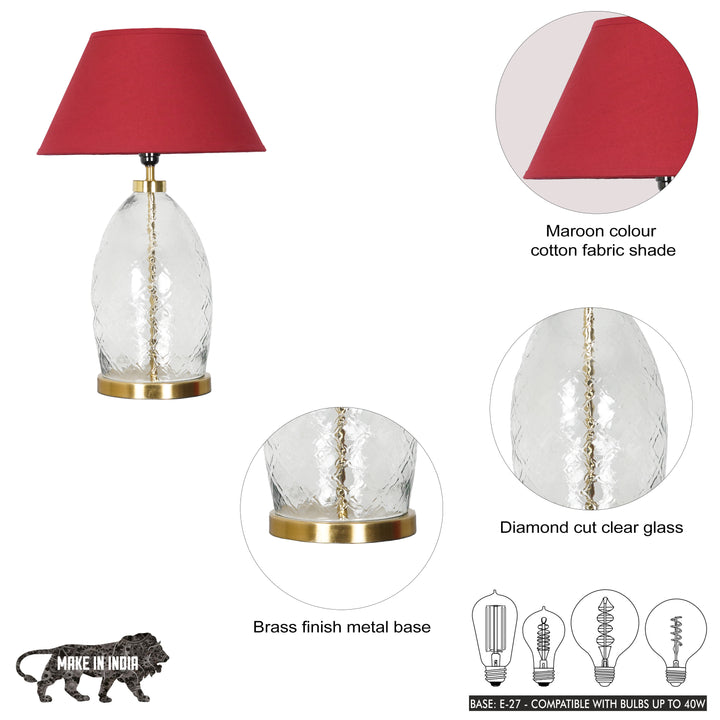ELVORA Modern Diamond Cut Clear Glass Table Lamp with Brass Finish Metal Base | Maroon Cotton Fabric Shade