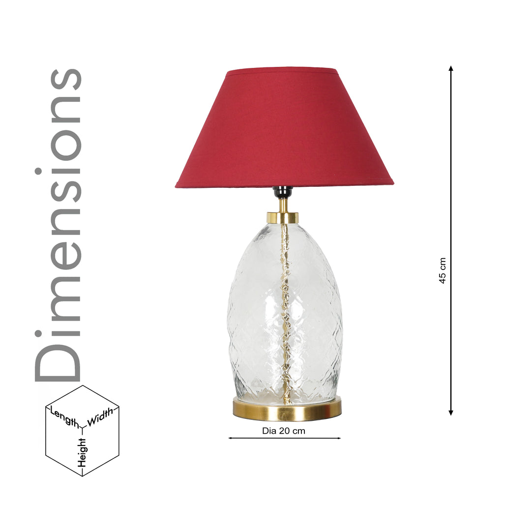 ELVORA Modern Diamond Cut Clear Glass Table Lamp with Brass Finish Metal Base | Maroon Cotton Fabric Shade