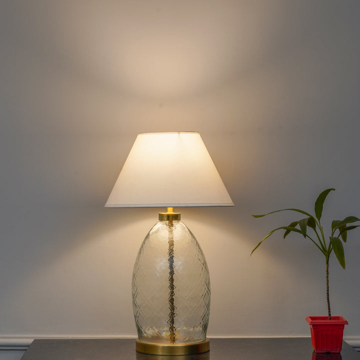 ELVORA Modern Diamond Cut Clear Glass Table Lamp with Brass Finish Metal Base | White Cotton Fabric Shade