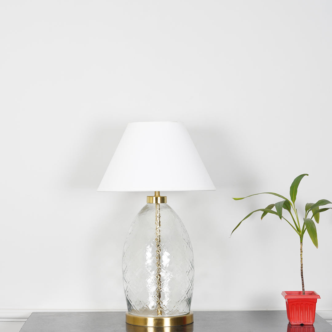 ELVORA Modern Diamond Cut Clear Glass Table Lamp with Brass Finish Metal Base | White Cotton Fabric Shade