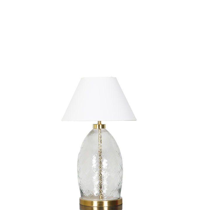 ELVORA Modern Diamond Cut Clear Glass Table Lamp with Brass Finish Metal Base | White Cotton Fabric Shade